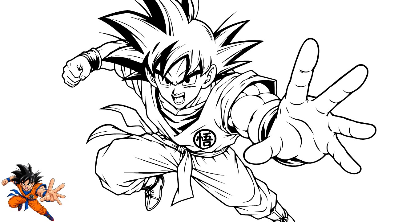 Anime Coloring Page - Son Goku Dragon Ball Ultra Instinct power pose in black and white line art