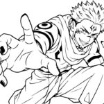 Anime Coloring Page - Sukuna from Jujutsu Kaisen with curse mark tattoos in manga line art