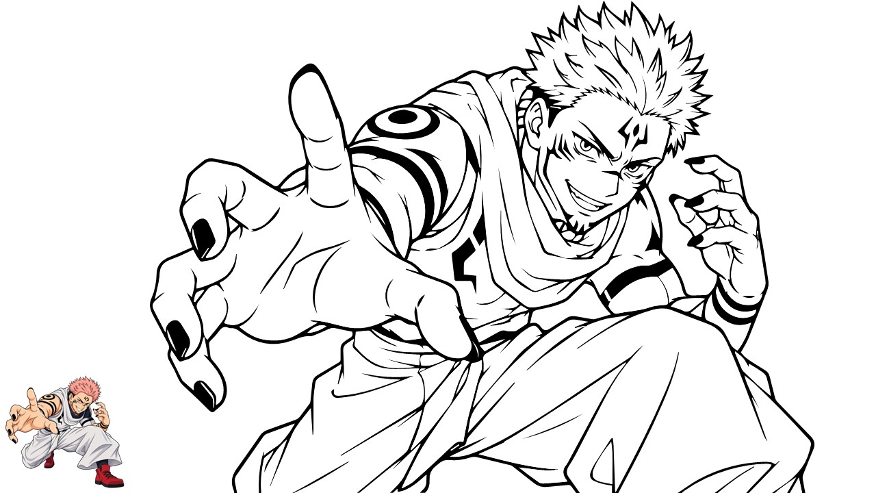 Anime Coloring Page - Sukuna from Jujutsu Kaisen with curse mark tattoos in manga line art