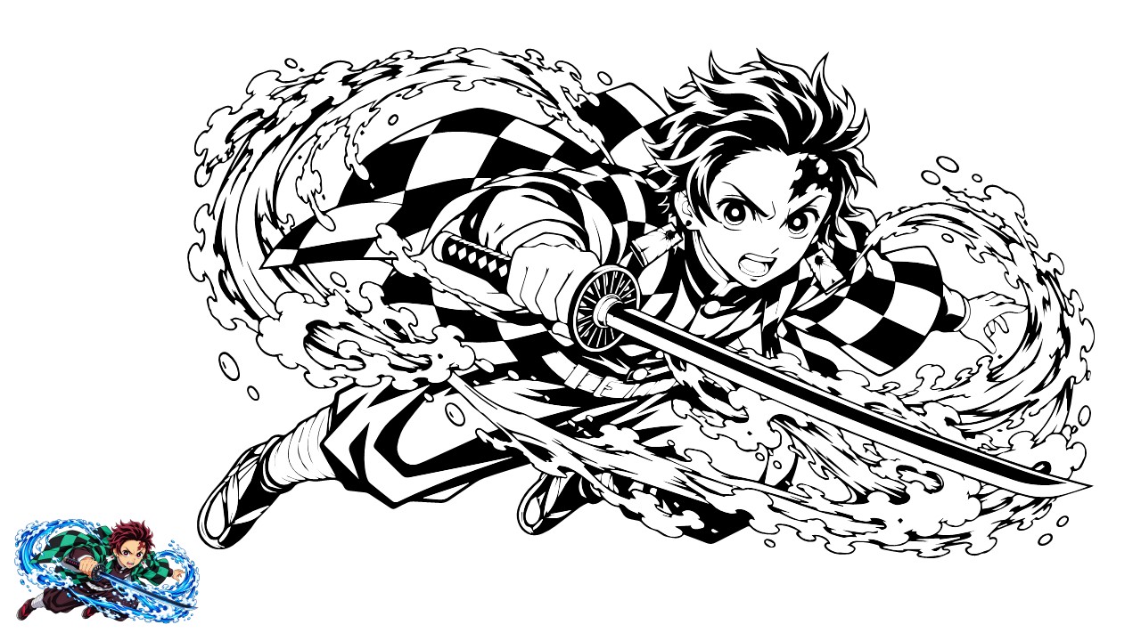 Anime Coloring Page - Tanjiro Kamado from Demon Slayer using Water Breathing in manga line art
