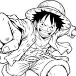 Anime Coloring Page Template - Monkey D. Luffy punching pose in black and white manga line art