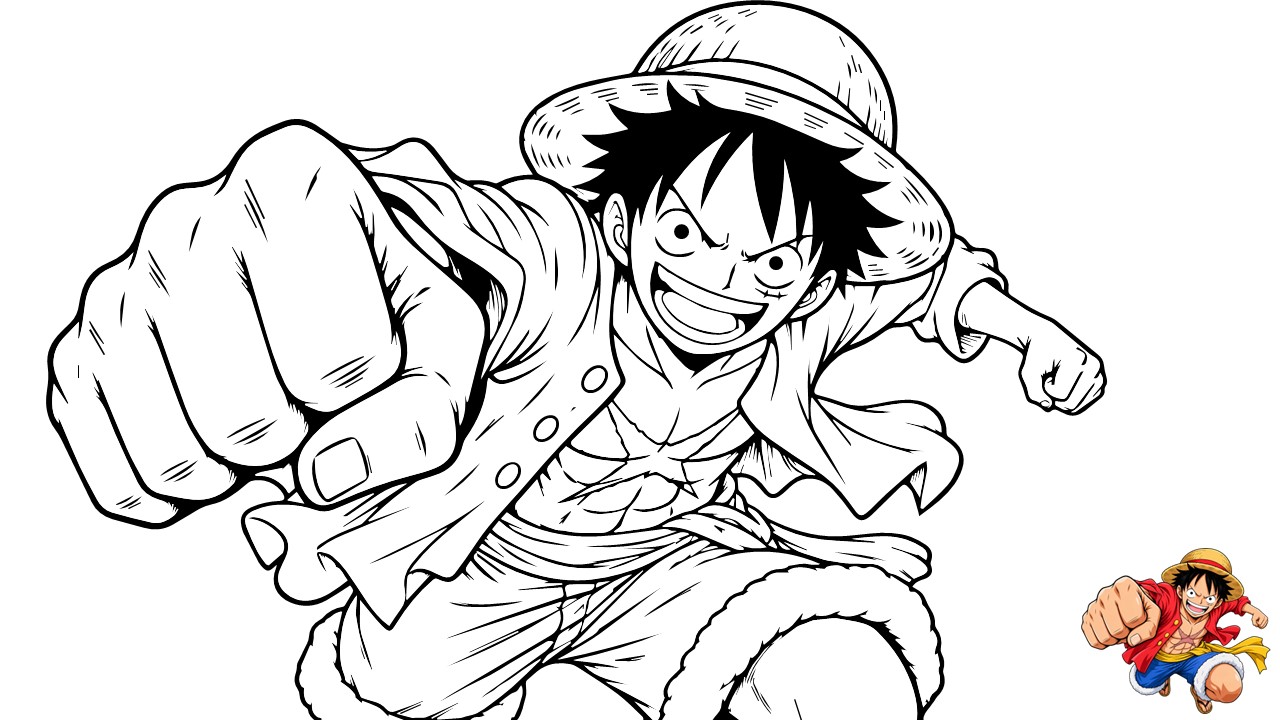 Anime Coloring Page Template - Monkey D. Luffy punching pose in black and white manga line art