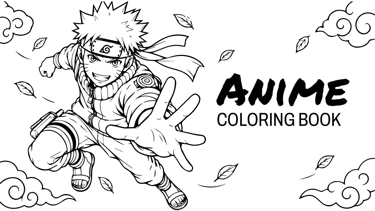 Anime Coloring Book Template - Black and white cover slide with Naruto in manga line art style