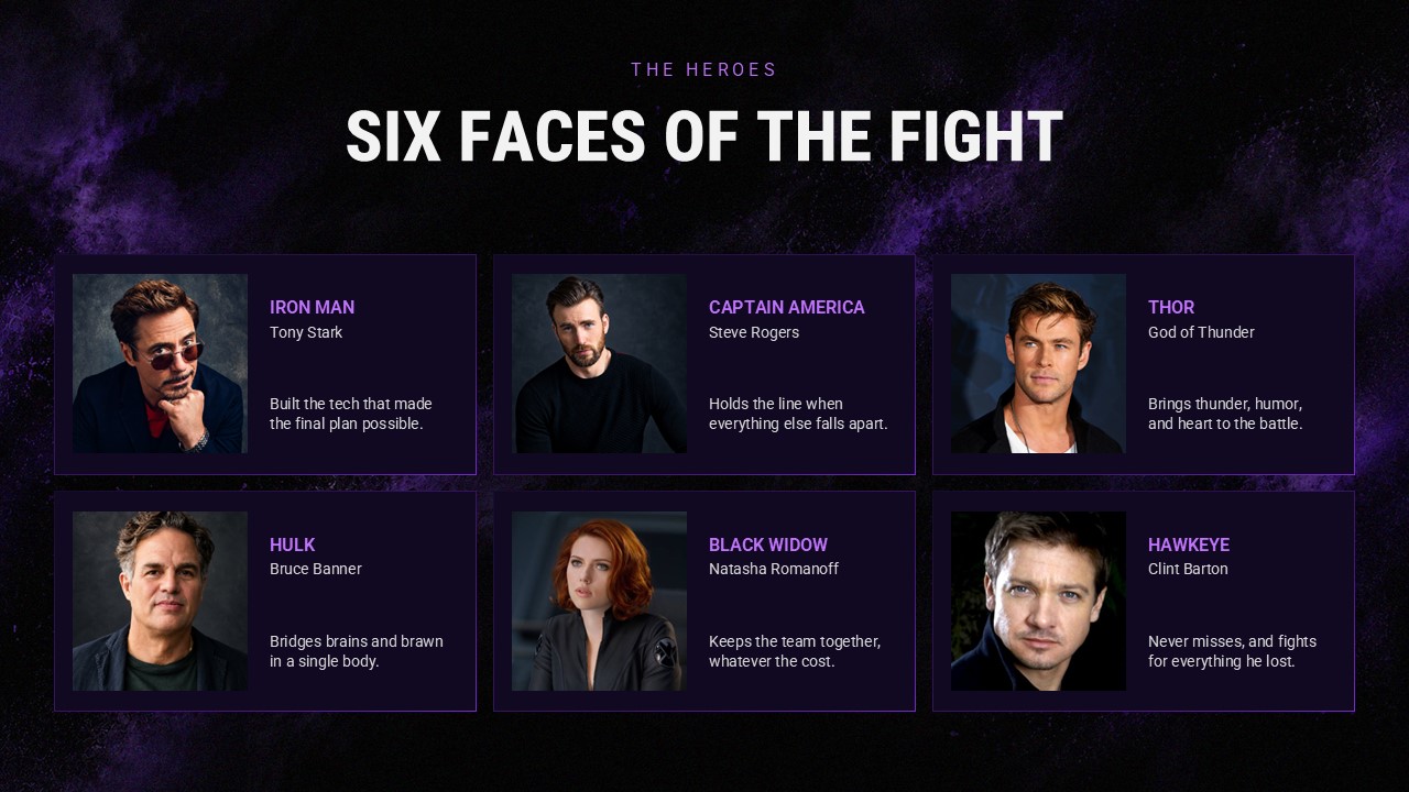 Avengers Endgame Encore Team Slide - introduce six team members with profile cards in a 3x2 grid layout