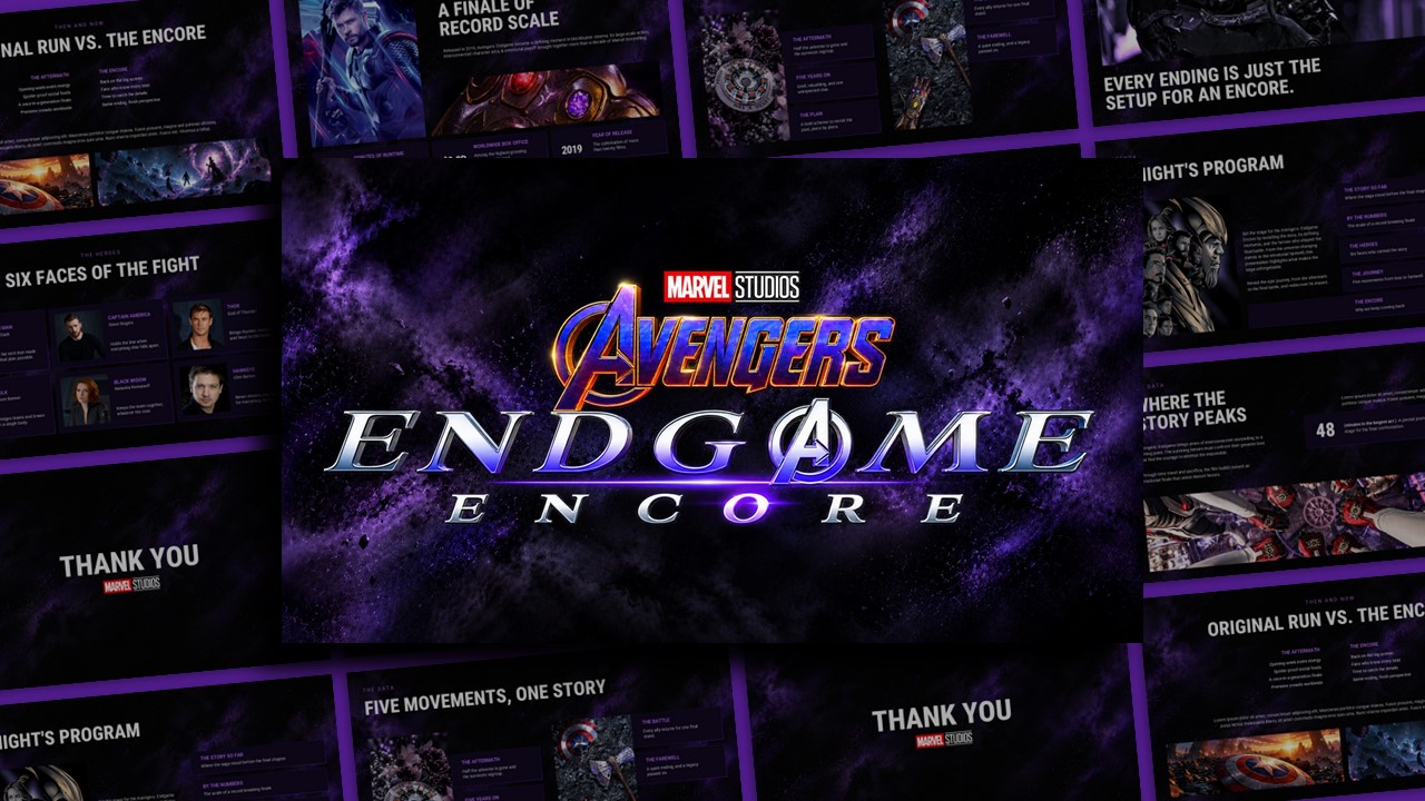 Avengers Endgame Encore Template - cinematic cover slide to open Marvel-themed presentations with bold impact