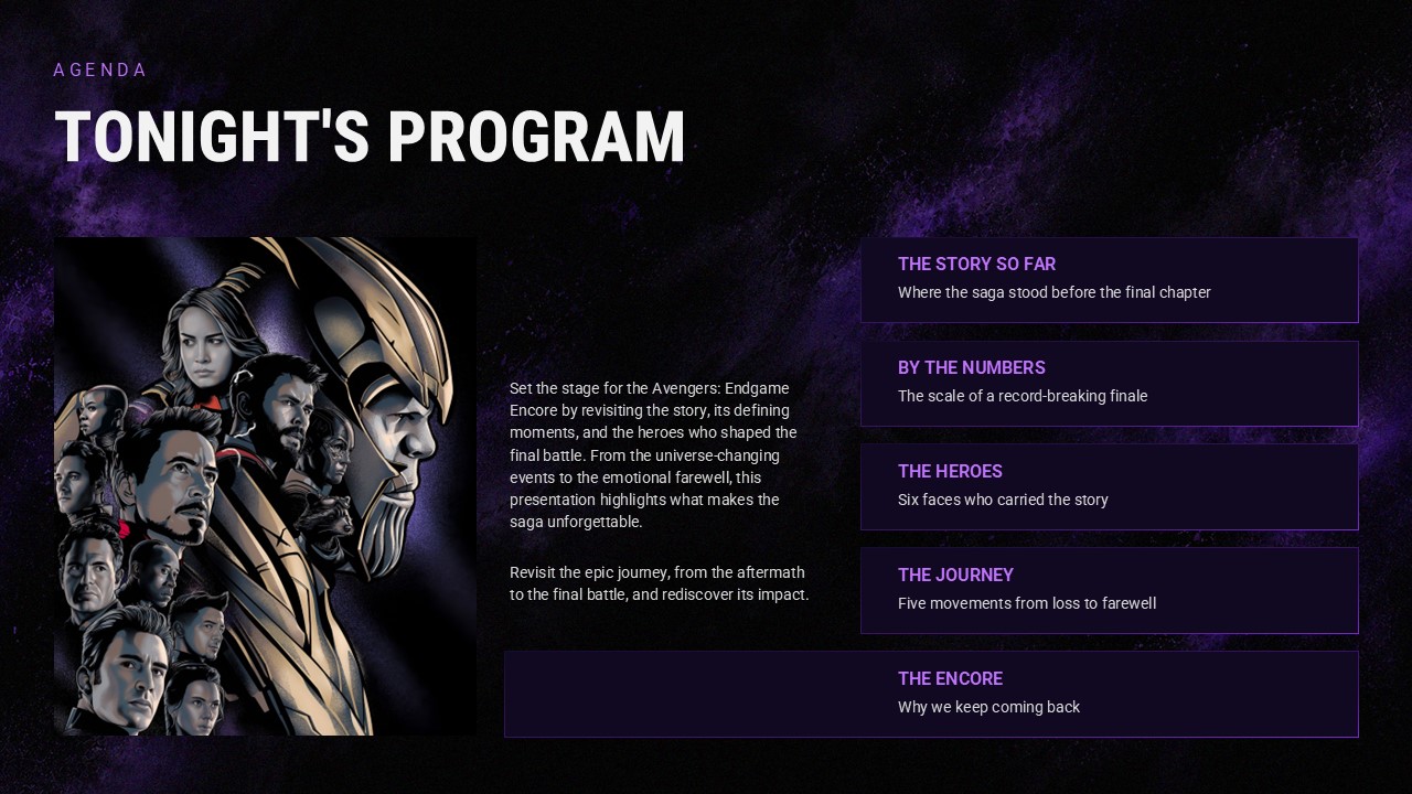 Avengers Endgame Encore Agenda Slide - structure your presentation program with Marvel-styled section cards