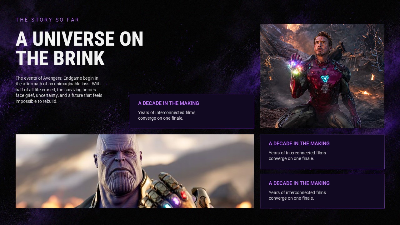 Avengers Endgame Encore Context Slide - set the scene with background narrative and editorial image layout