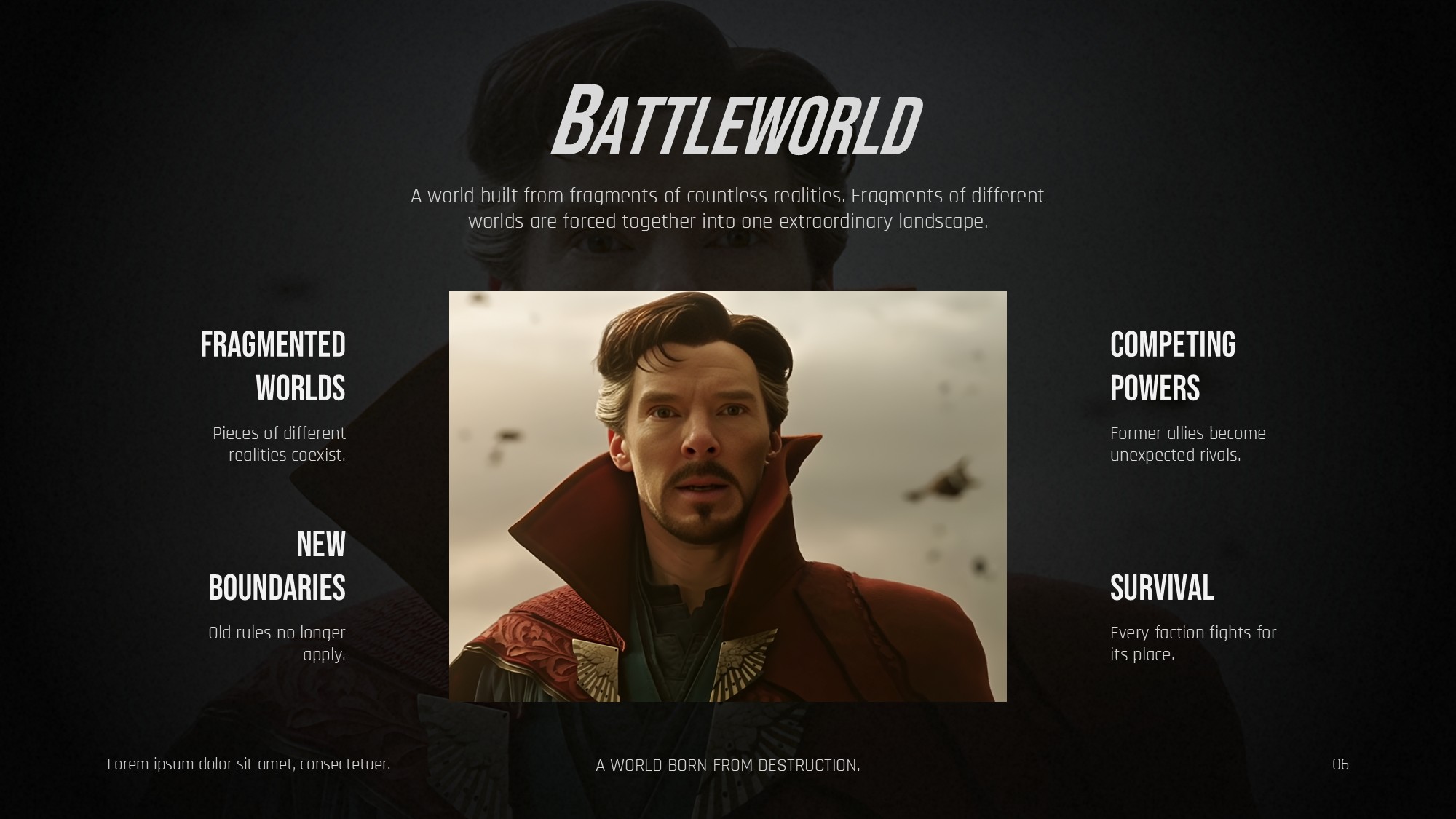 Avengers Secret Wars Features Template - five-step curved timeline on warm orange-red background with character silhouette