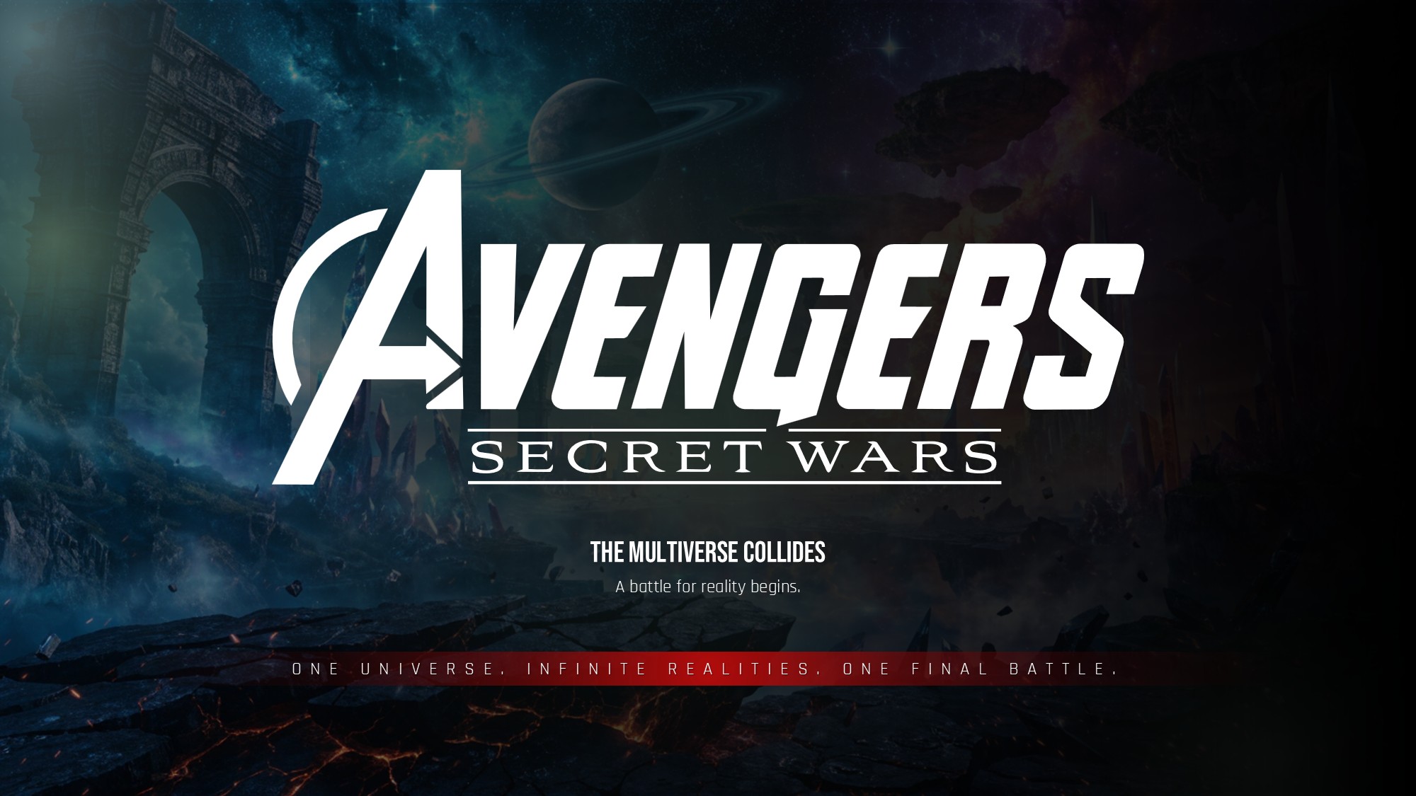 Avengers Secret Wars Google Slides Template - asymmetric slide with Iron Man image and three numbered content pillars