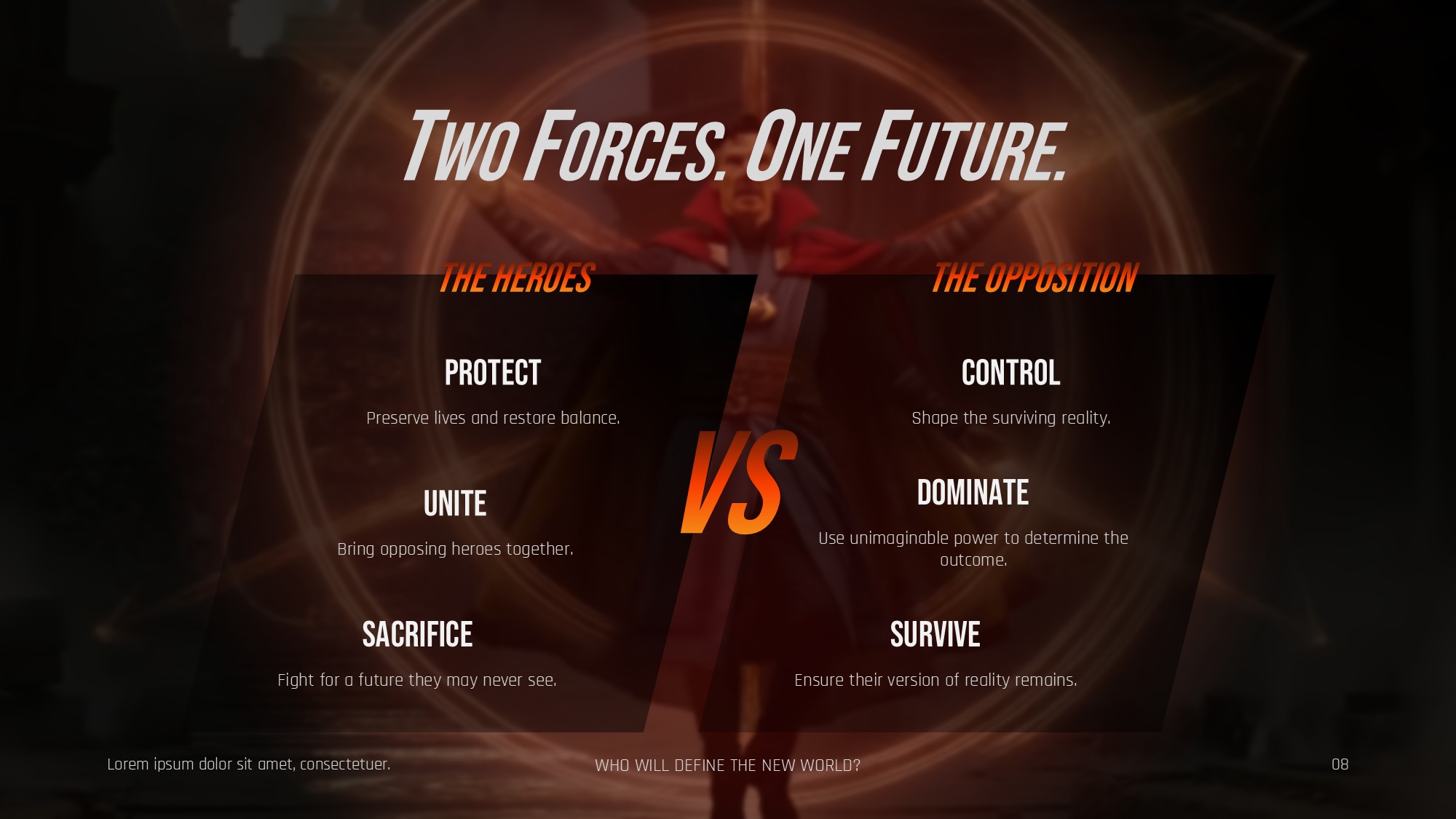 Avengers Secret Wars Comparison Template - three outcome cards with Doctor Strange cinematic image on purple background