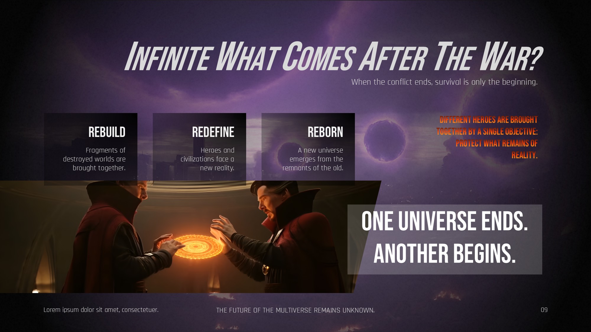 Avengers Secret Wars Outcomes Template - three-pillar post-war summary slide with cosmic purple background and bold statement