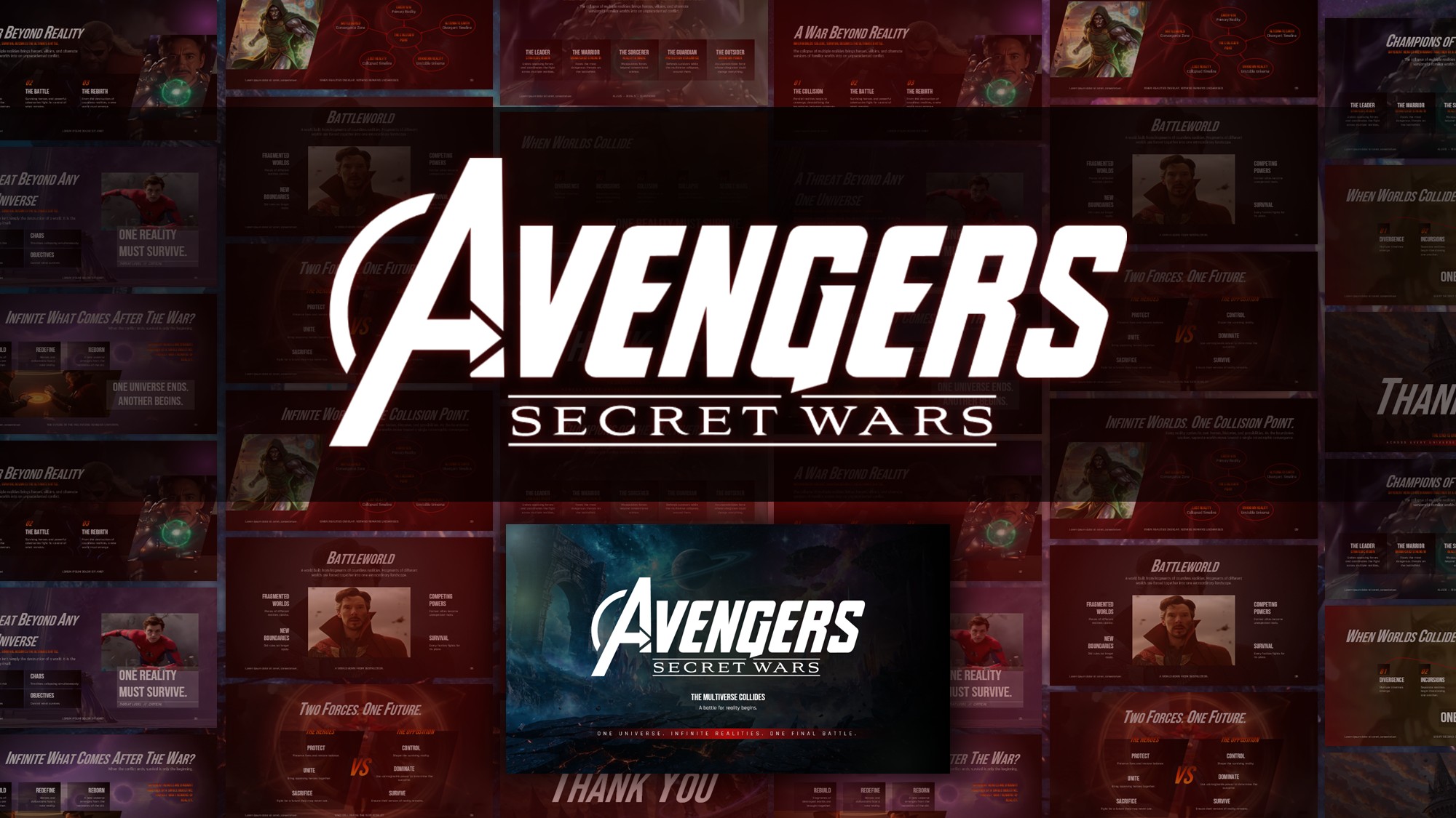 Avengers Secret Wars Template - cinematic cover slide with lava terrain, cosmic arches, and bold title typography