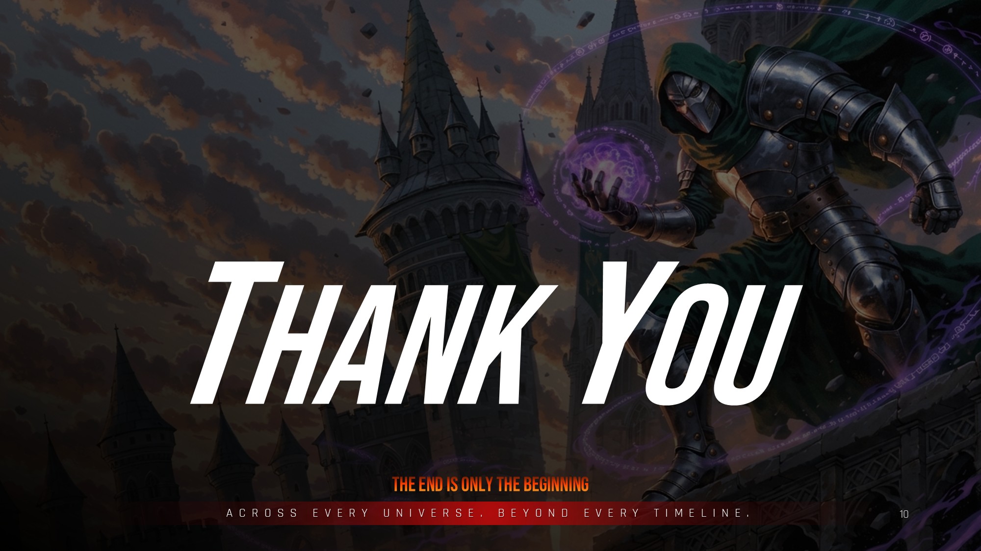 Avengers Secret Wars Thank You Template - closing slide with illustrated gothic castle, armored sorcerer, and bold display text