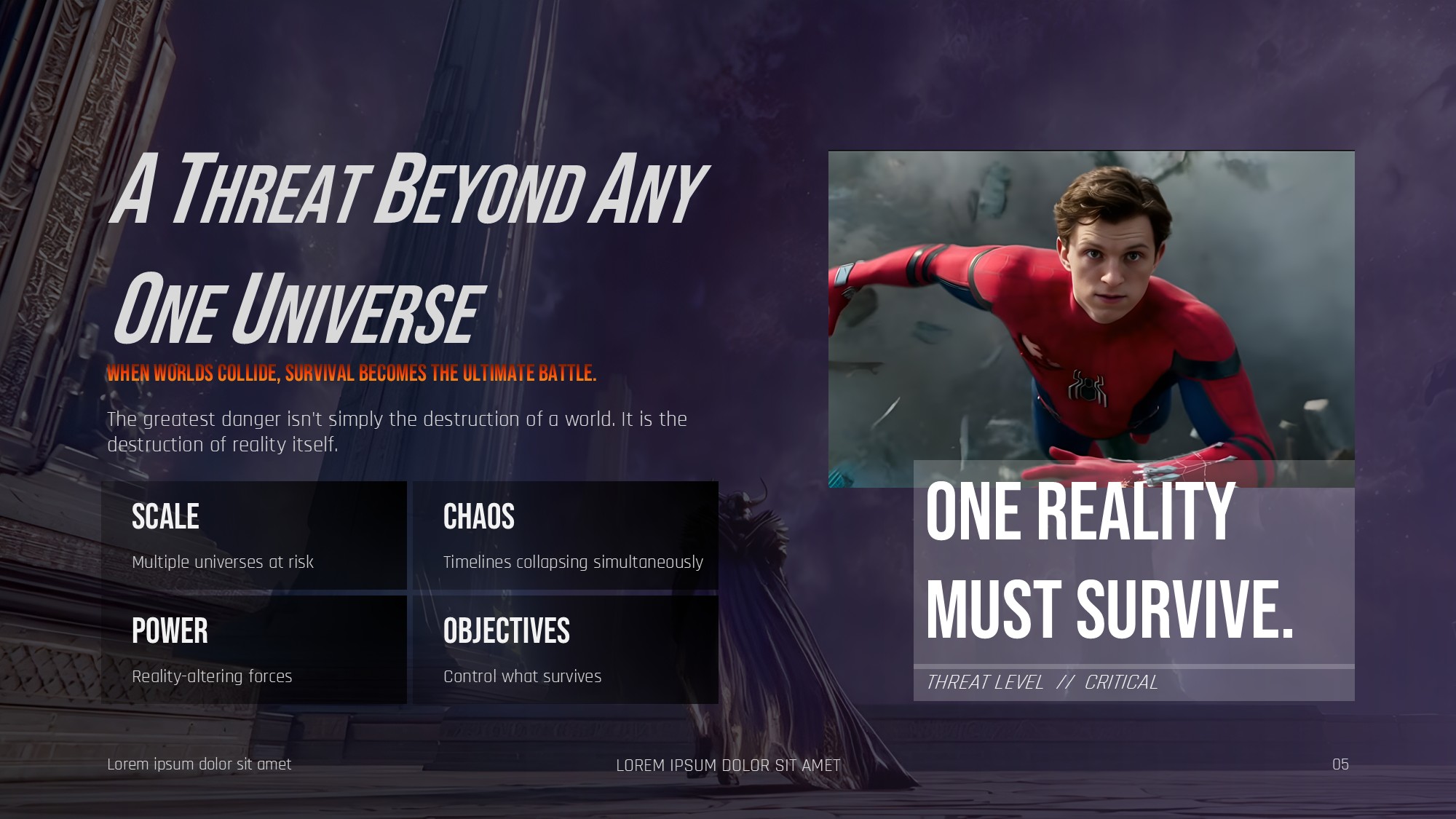 Avengers Secret Wars Analysis Template - four-pillar layout flanking central Doctor Strange portrait on black background