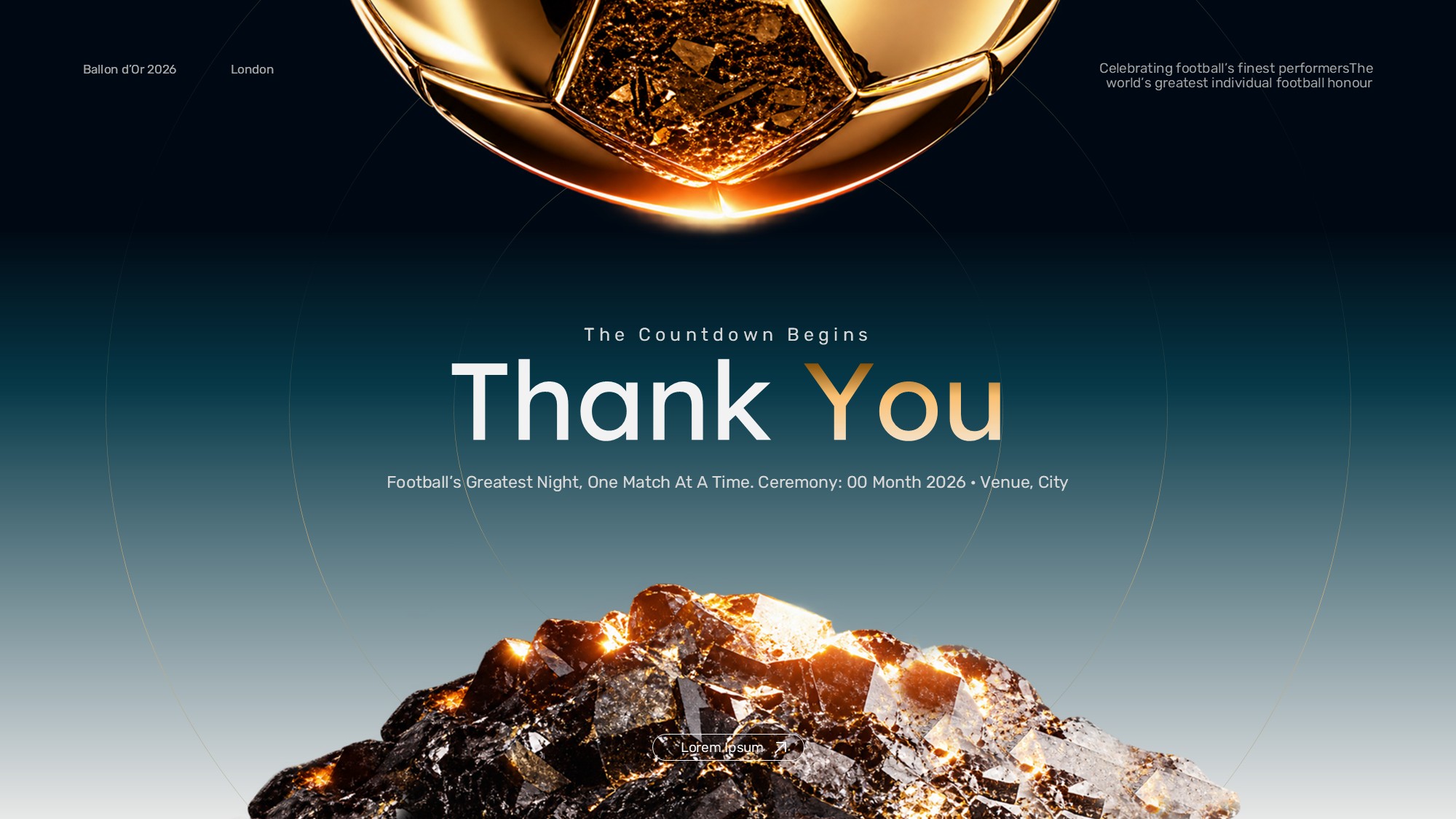 Ballon d'Or Countdown Template – event details slide with venue, date, and ceremony information placeholders