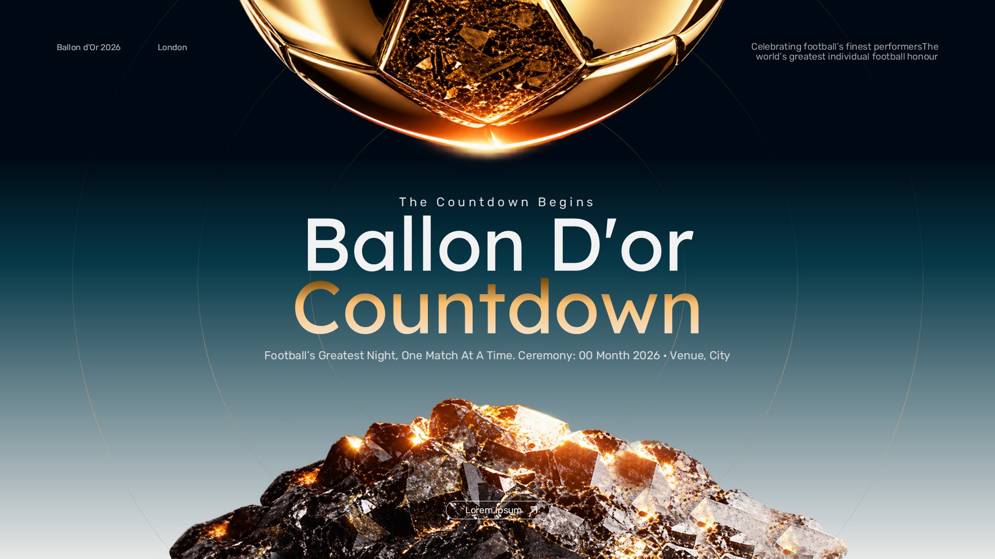 Ballon d'Or Countdown Template – four-block Days/Hours/Minutes/Seconds timer slide on dark luxury background
