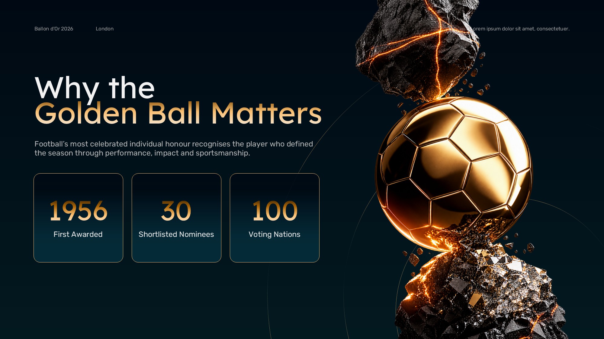 Ballon d'Or Countdown Template – five-node horizontal timeline slide mapping season start to ceremony night