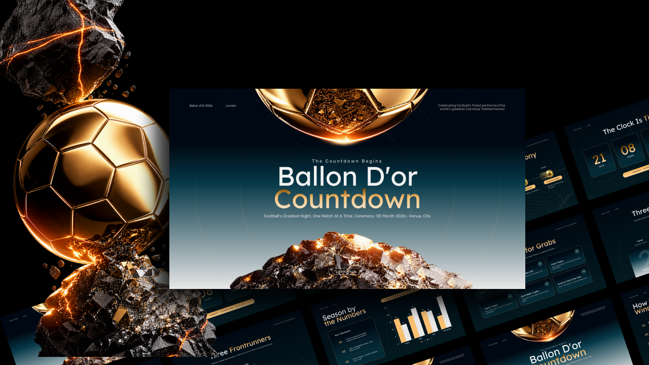 Ballon d'Or Countdown Template – cinematic cover slide with 3D golden trophy, gold headline, and event details