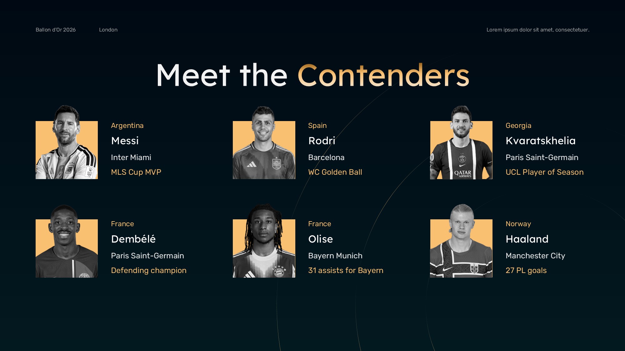 Ballon d'Or Countdown Template – podium-style ranking slide with gold 1st-place card flanked by two dark cards