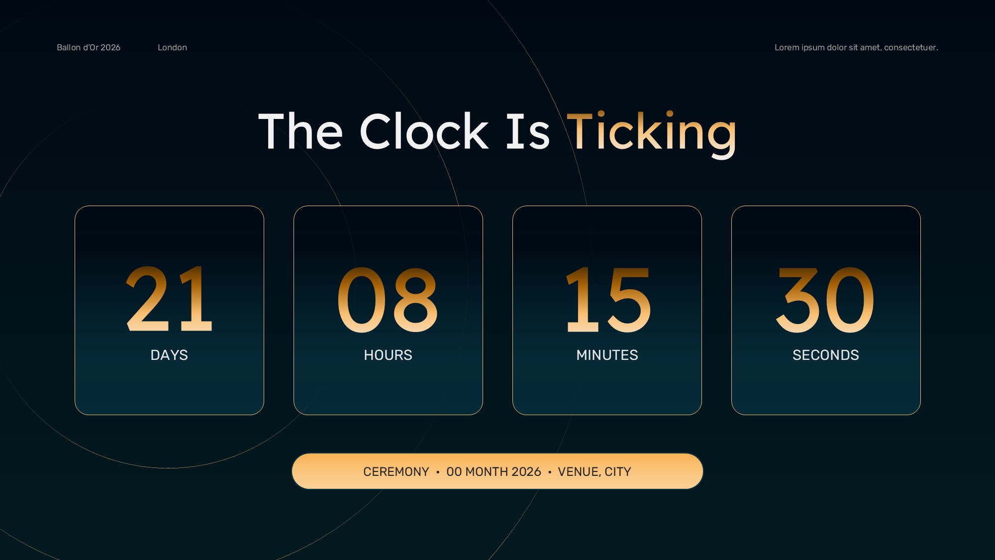 Ballon d'Or Countdown Template – two-column stats slide with three gold KPI cards and 3D golden football visual