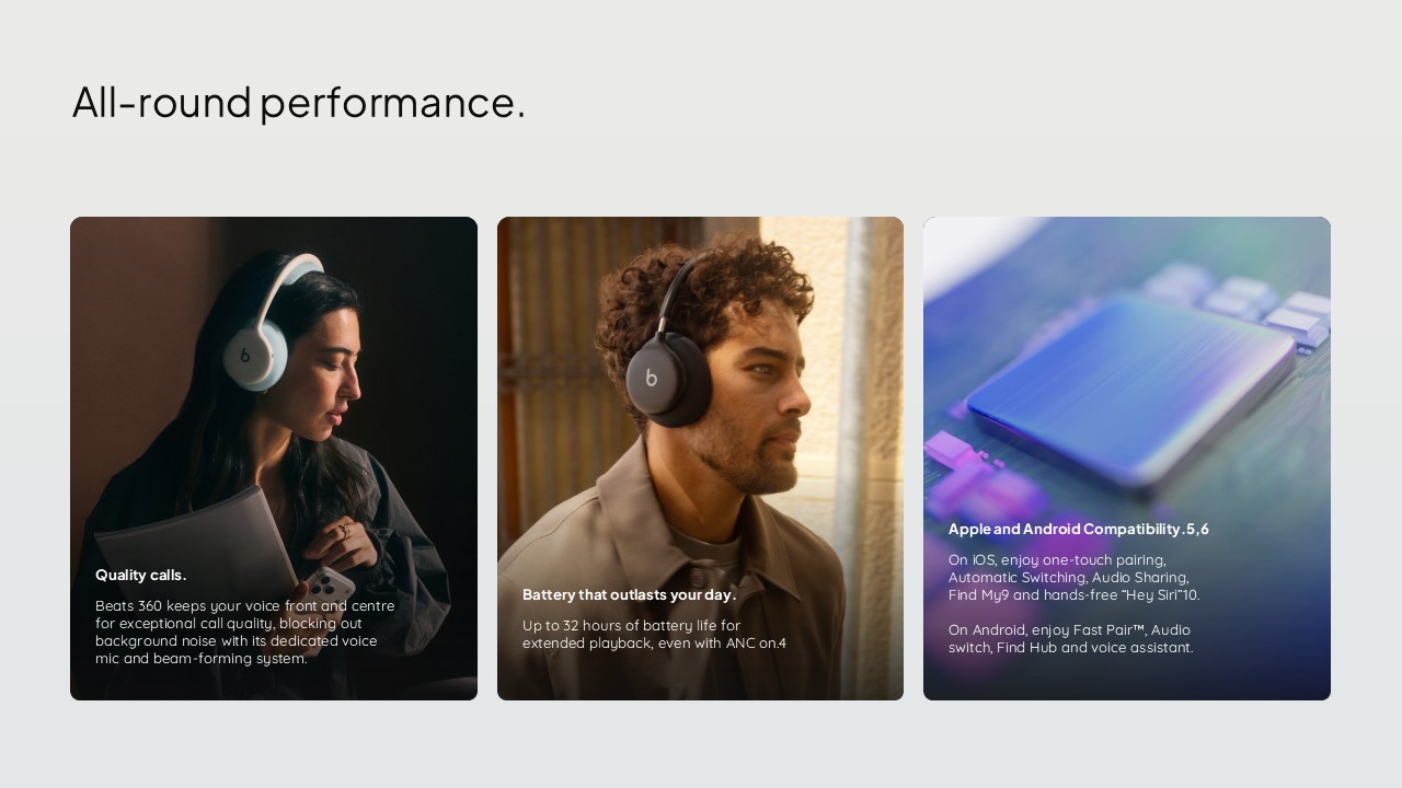 Beats 360 Battery Connectivity Compatibility Template - Three-column card grid covering call quality, battery life, and iOS/Android compatibility