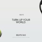 Beats 360 Brand Closing Tagline Template - Lime green and black headphones at diagonal corners framing bold centered TURN UP YOUR WORLD headline