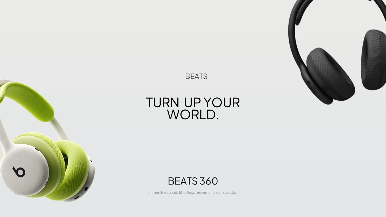 Beats 360 Brand Closing Tagline Template - Lime green and black headphones at diagonal corners framing bold centered TURN UP YOUR WORLD headline