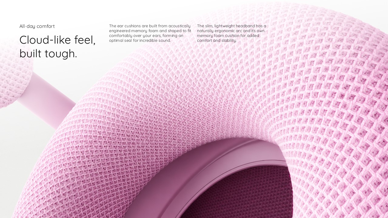 Beats 360 Comfort Materials Design Template - Extreme macro of blush pink knit ear cushion texture with white headline overlay on left
