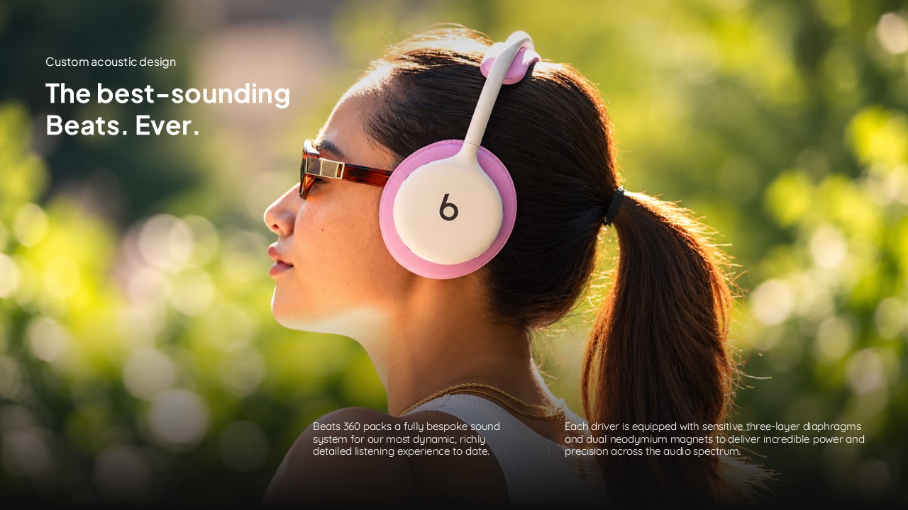 Beats 360 Custom Acoustic Sound Quality Template - Woman wearing pink headphones against lush green bokeh with bold white headline overlay