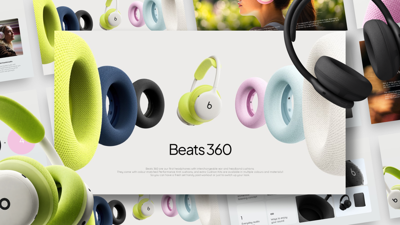 Beats 360 Google Slides PowerPoint Template - Full deck preview collage with lime green and navy cushions flanking layered slides