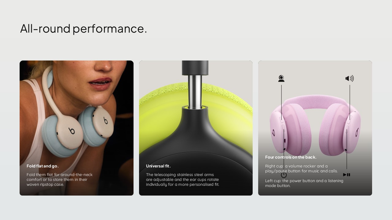 Beats 360 Performance Ergonomic Design Template - Three-column card grid highlighting fold-flat, universal fit, and physical controls features