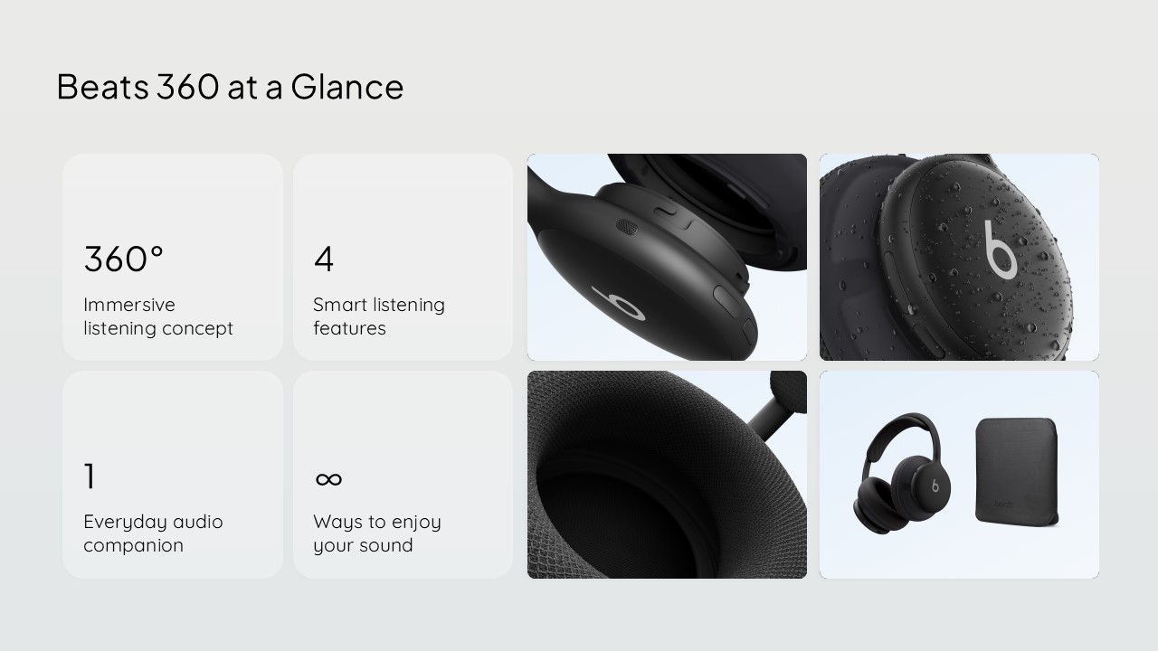 Beats 360 Product At a Glance Stats Template - Bento grid of four bold stat cards beside four product detail photography cards