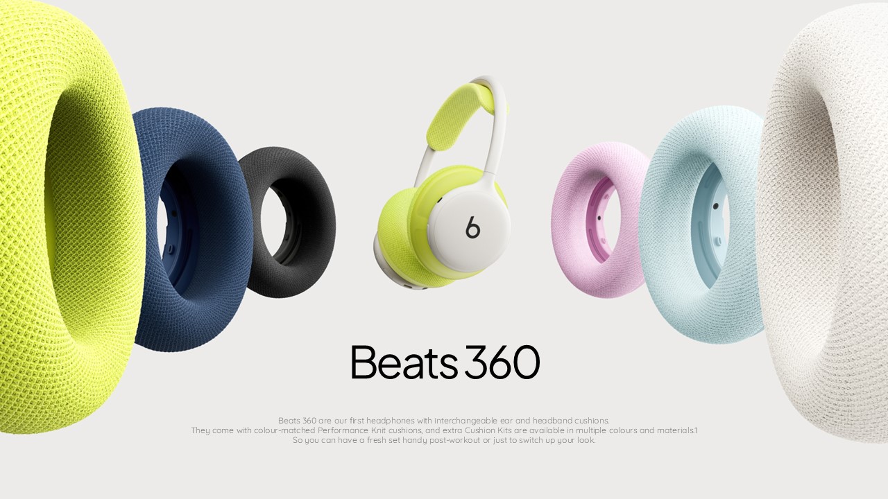 Beats 360 Template - Hero slide showcasing headphones with five colorful interchangeable ear cushions on light gray background