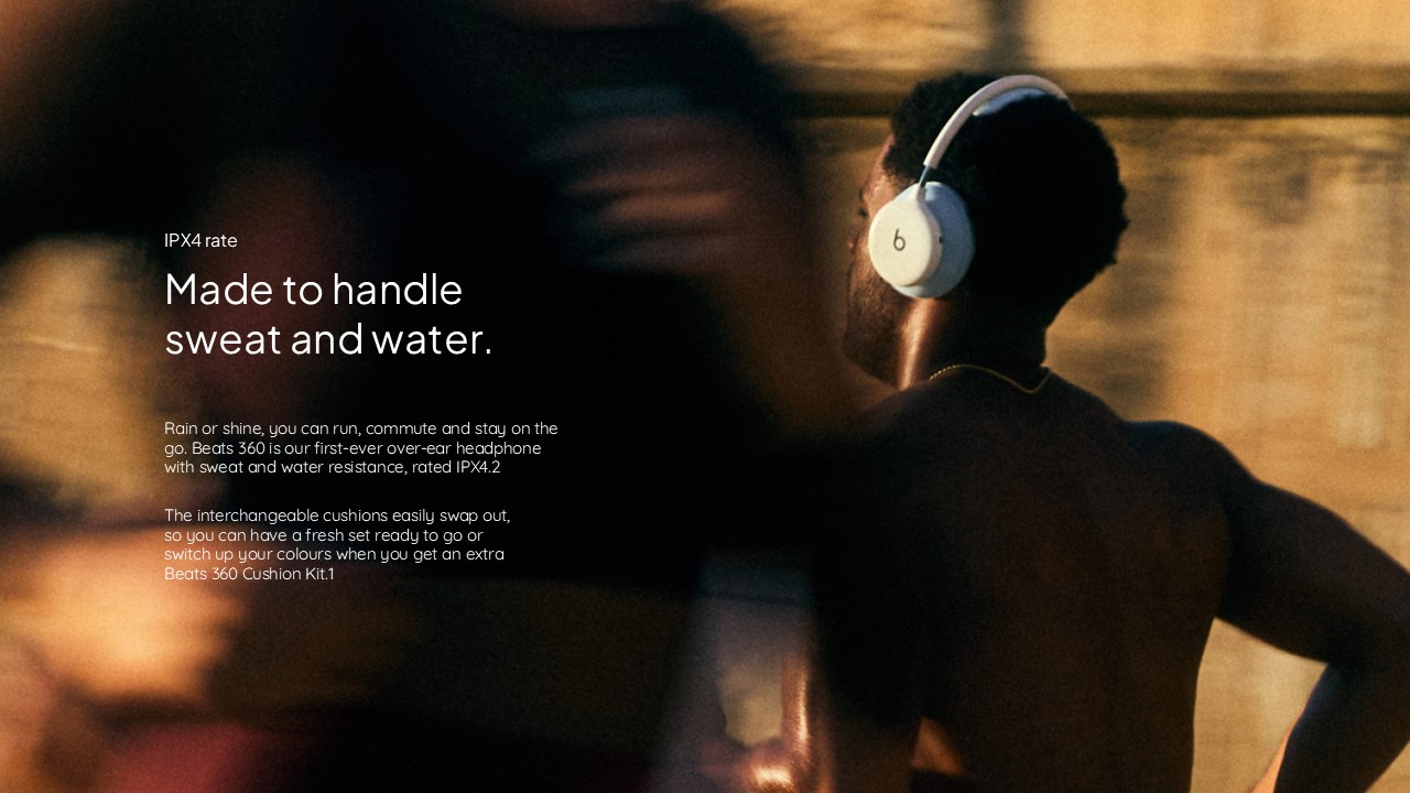 Beats 360 Water Resistance Durability Template - Athlete running in motion blur amber lighting with IPX4 feature copy overlaid on left