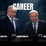 Benjamin Netanyahu Career Roles Template - 6-node horizontal political career timeline over cinematic soldier photograph