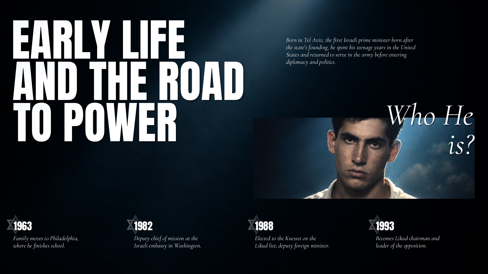 Benjamin Netanyahu Early Life Timeline Template - achievement headline, Knesset photo, and 3 star-icon stat callouts