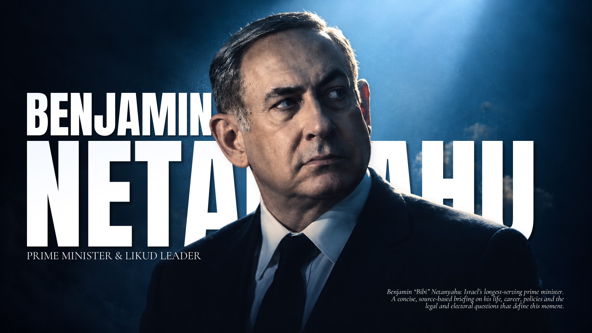 Benjamin Netanyahu Google Slides Template - biographical snapshot with 5 numbered pill-badge fact blocks on black background