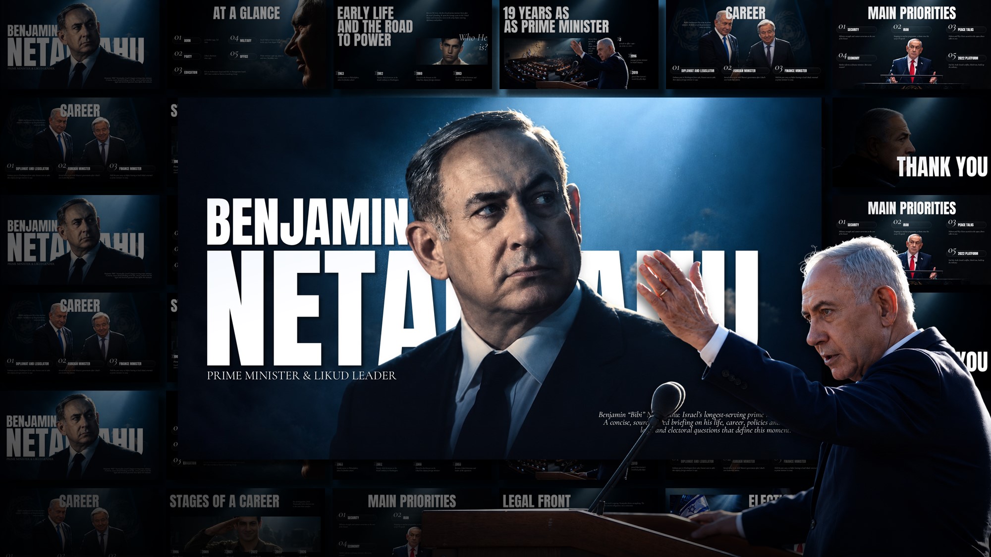 Benjamin Netanyahu Template - cinematic cover slide with bold name typography and portrait on black background