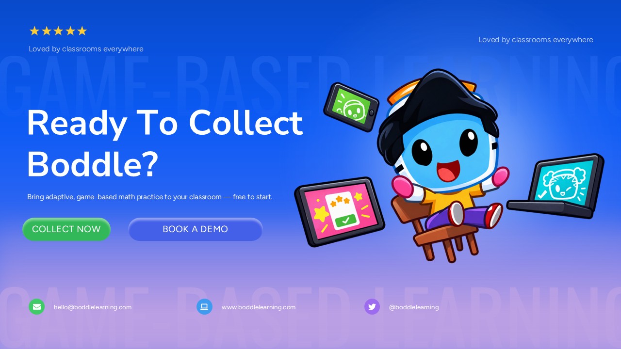 Boddle Template - Closing CTA slide with Collect Now and Book a Demo buttons, mascot illustration, and contact information footer
