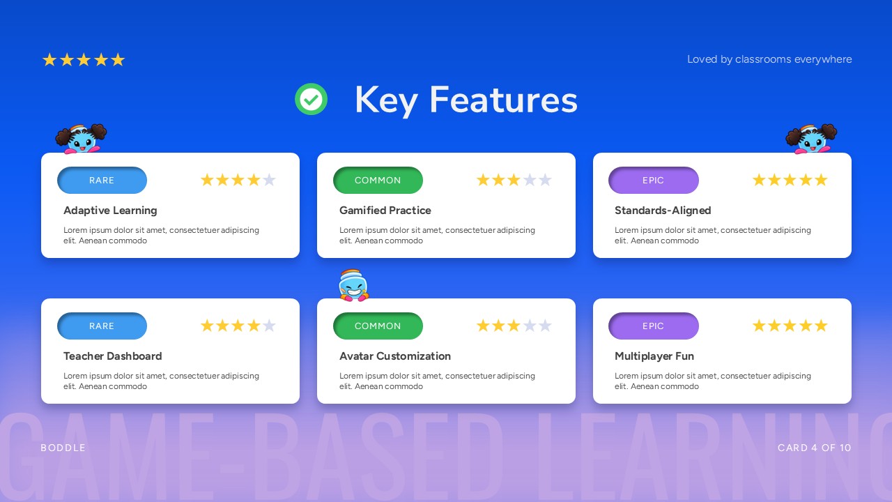 Boddle Template - Key Features slide with six gamified cards using RPG rarity tiers: Rare, Common, and Epic feature categories