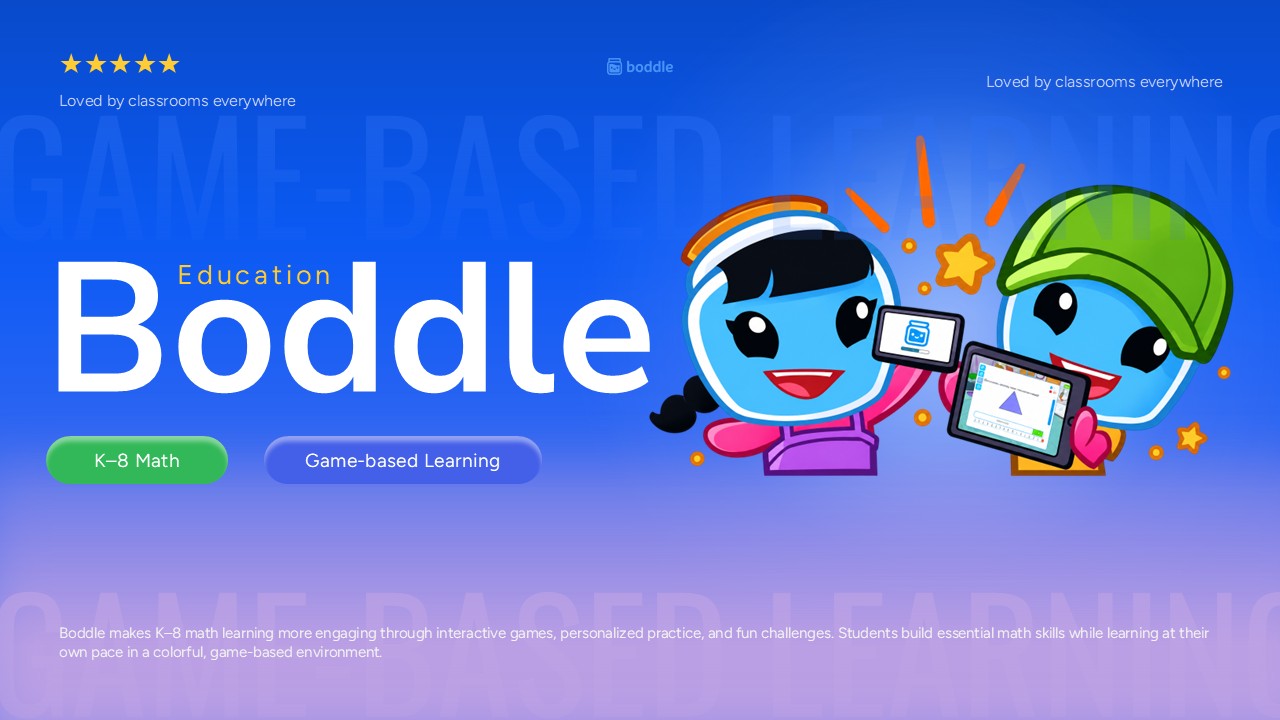 Boddle Template - Vibrant EdTech cover slide with mascot characters, K–8 math branding, and dual CTA buttons on blue gradient