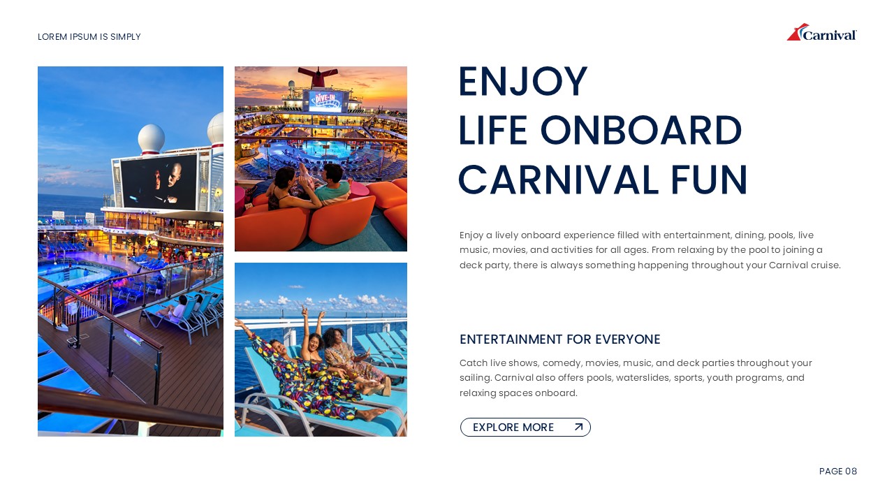 Carnival Cruise Line Template - Onboard Entertainment Lifestyle Slide