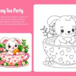 Color the Bunny Tea Party Template - pink slide with bunny-in-teacup coloring outline and floral reference image, page 5 of 10
