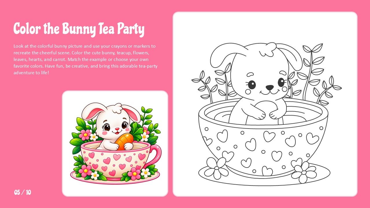 Color the Bunny Tea Party Template - pink slide with bunny-in-teacup coloring outline and floral reference image, page 5 of 10