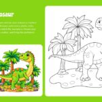 Color the Dinosaur Template - lime green slide with brachiosaurus coloring outline and colored reference, page 2 of 10