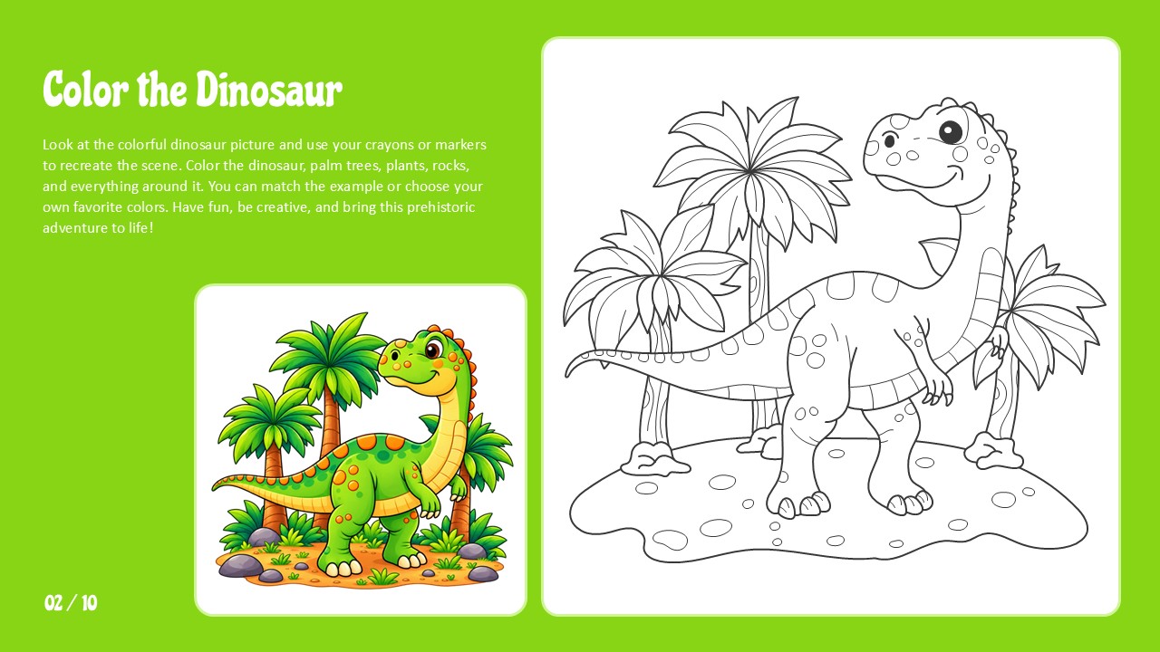 Color the Dinosaur Template - lime green slide with brachiosaurus coloring outline and colored reference, page 2 of 10