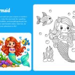 Color the Mermaid Template - cerulean blue slide with mermaid coloring outline, fish, bubbles, and colored reference, page 3 of 10
