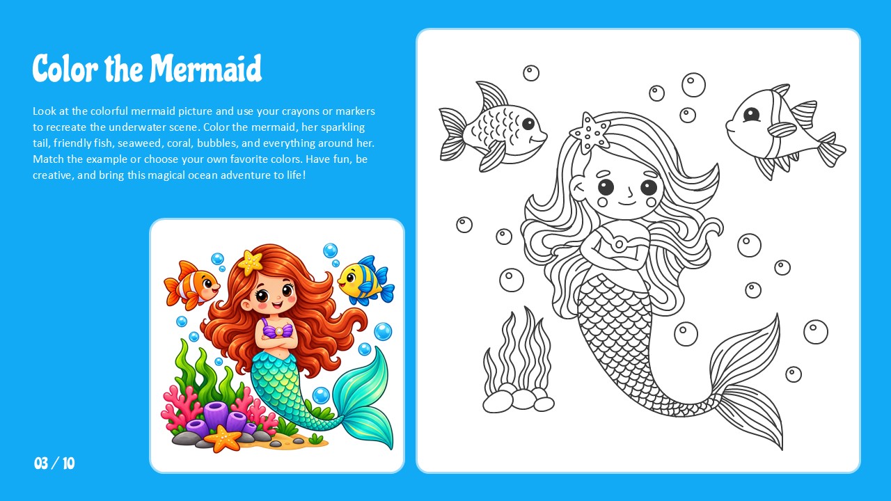 Color the Mermaid Template - cerulean blue slide with mermaid coloring outline, fish, bubbles, and colored reference, page 3 of 10