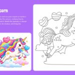 Color the Unicorn Template - lavender slide with rearing unicorn coloring outline, rainbow and hearts reference, page 6 of 10