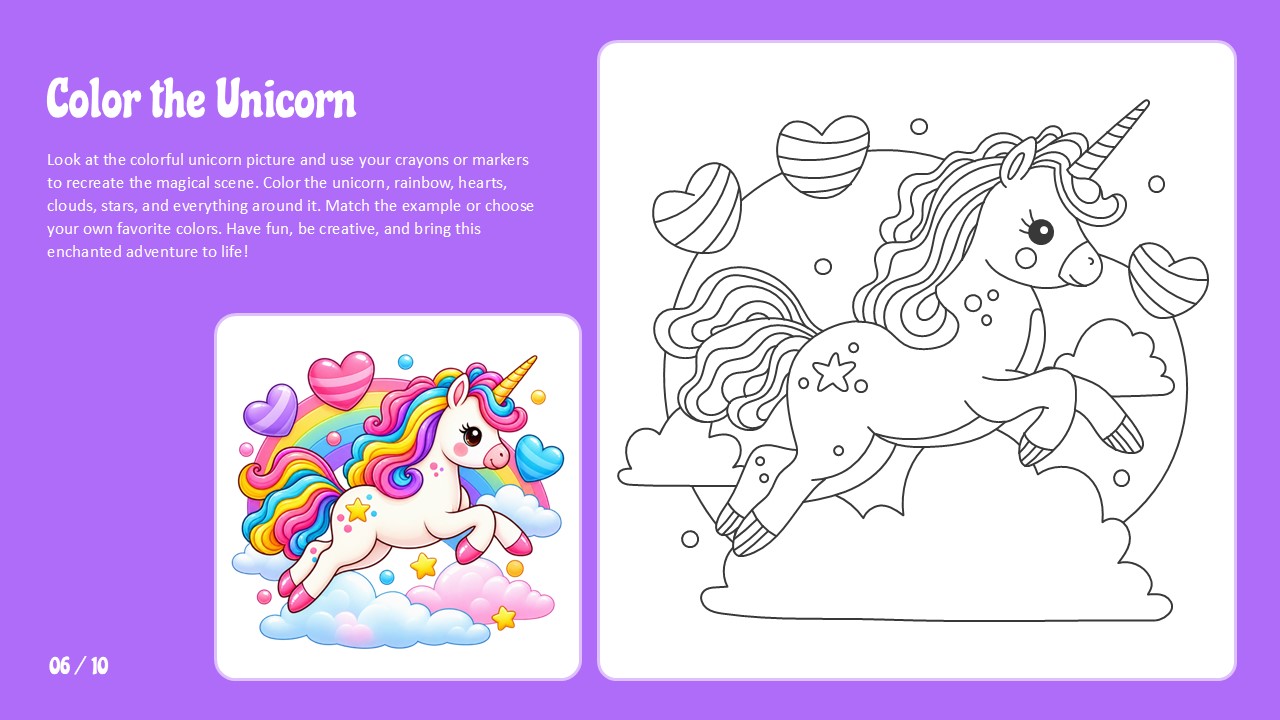 Color the Unicorn Template - lavender slide with rearing unicorn coloring outline, rainbow and hearts reference, page 6 of 10